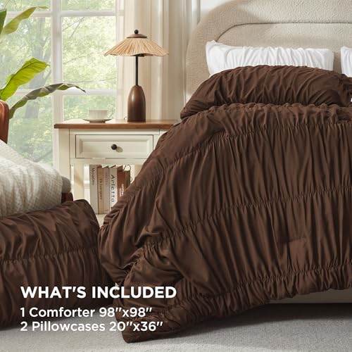 Image of Andency Ruched Brown Oversized Queen Size Comforter Sets, Shabby Chic Pleated Bedding Sets 3 Pieces, Lightweight Soft Boho Ruffle Bed Set for Girls, Kids, Women, All Season