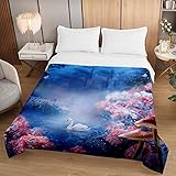 Chickwin Tagesdecke Bettüberwurf Sommer Steppdecke, Traumwald Muster Tagesdecken mit Präge Wohndecke aus Mikrofaser Gesteppt Bettdecke Bettbezug für Einzelbett Doppelbett (130x150cm,Schwan)
