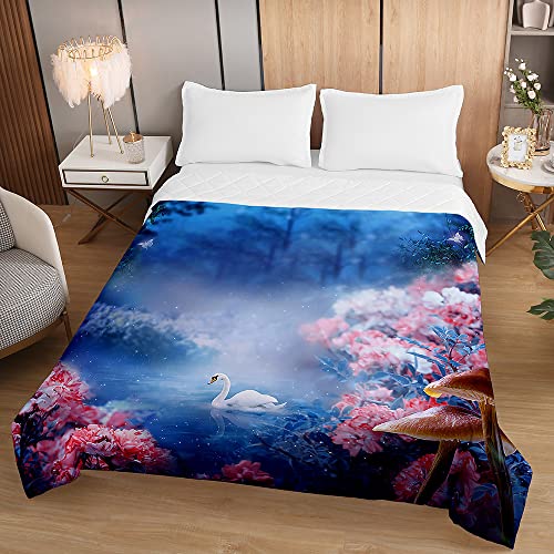 Chickwin Tagesdecke Bettüberwurf Sommer Steppdecke, Traumwald Muster Tagesdecken mit Präge Wohndecke aus Mikrofaser Gesteppt Bettdecke Bettbezug für Einzelbett Doppelbett (130x150cm,Schwan)