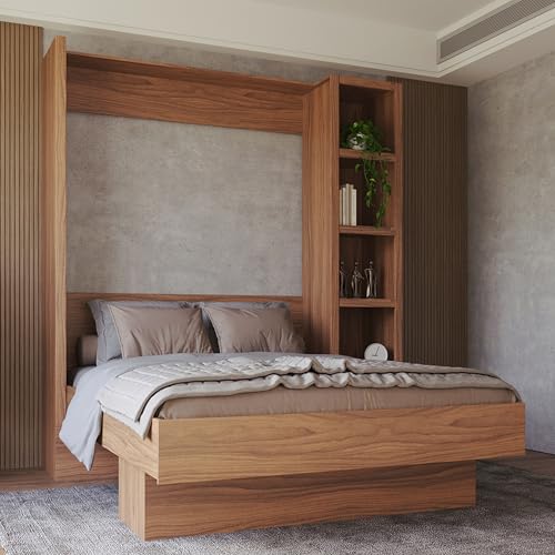 Oakland Living Easy-Lift Queen Murphy Wall Bed in Brown Wood Grain with Bookshelf
