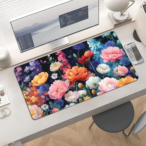Image of Exquisite Flowers Plants Extended Gaming Mouse Pad, with Stitched Edges Large Mouse Pad Desk Protector, Rubber Base Mousepad Keyboard Mouses Mat for Work Game Office Home- 32 inch X 16 inch Inch
