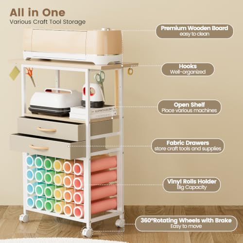 Image of VENNQD Organizer and Storage Stand Compatible with Cricut Machines,Rolling Storage Cart /Shelf with 24 Vinyl Roll Holders,2 Fabric Drawer,Accessories Holder,Tool Hook for Craft Room Home (White Maple)