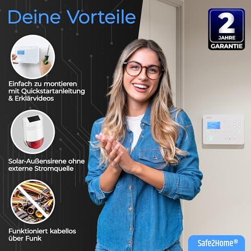 Safe2Home Funk Alarmanlage Großes Set SP110 Sabotageschutz Solar Sirene - deutsch - Alarmsystem SMS...