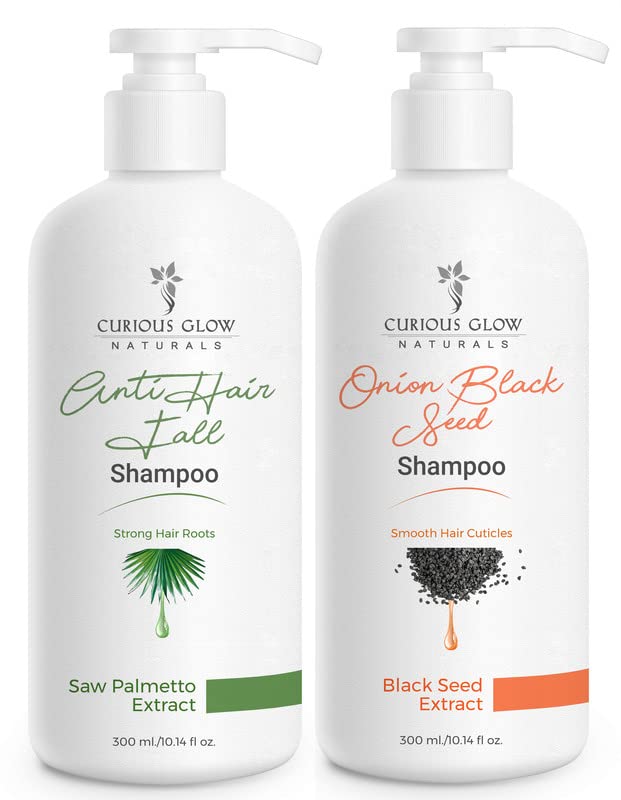 Curious GlowOnion Black Seed & Anti-Hair Fall Defence Shampoo With VitaminE|Biotin|Keratin|D-Panthenol|Hair Strengthening|Hair Fall Control Shampoo For Men & Women(300ml Each|Pack of 2)