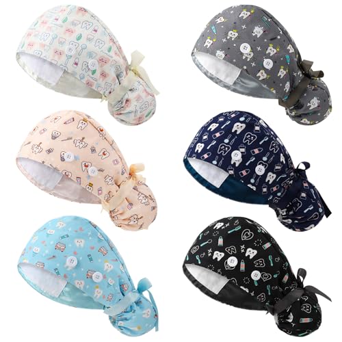 6 Pcs Dental Scrub Caps Women Dentist Nursing Hats with Buttons Adjustable Bouffant Hats Nurse Caps Ponytail Holder Tie Back