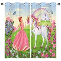 ANHOPE Princess Unicorn Curtains Eyelet Soft Thermal Insulated Blackout Curtains Castle Rainbow Butterfly Flower Print Pattern Ring Top Window Drapes for Bedroom Living Room 46 x 54 Inch 2 Panels