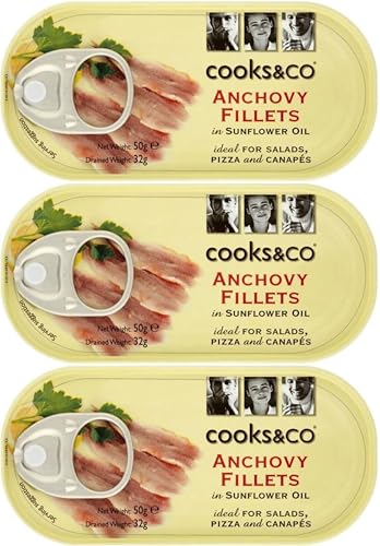 World Food Shop - Cooks & Co Premium Anchovy Fillets in Sunflower Oil 50g (Pack of 3) - Gourmet Tinned Fish for Salads, Pizzas, and Pasta - Ready-to-Eat Anchovies
