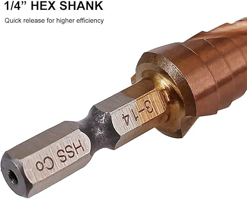 Miniatura 5 de Hymnorq Broca de acero cobalto de 12 escalones, grado M35 5% HSS Co, tamaño métrico de 0.118 in a 0.551 in, flautas espirales dobles y vástago