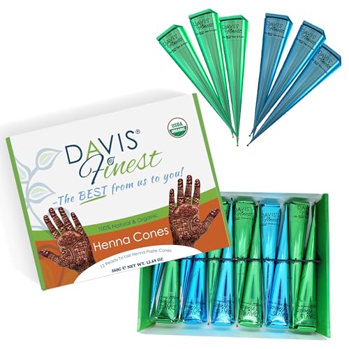 Davis Finest - 100% Natural Henna Cones Chemical-free Ready to Use Mehndi Organic Henna Paste Skin-Friendly All-Natural Indian Mehandi Temporary Tattoo Pack of 12x30g (360g)