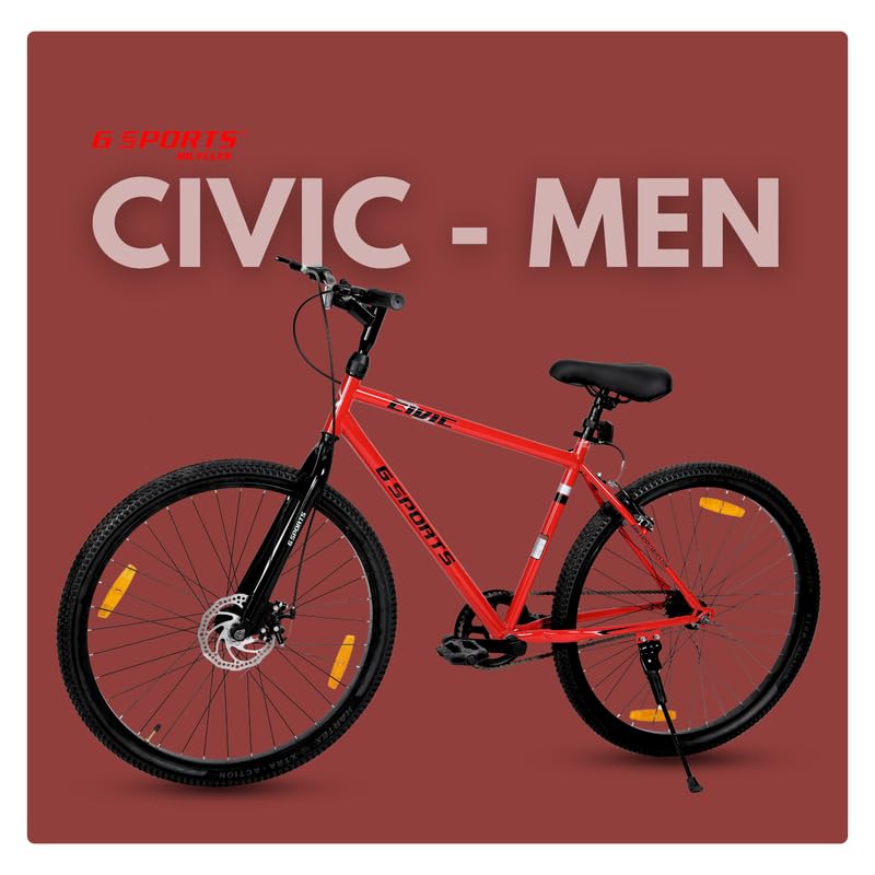 Image of G SPORTS Civic Men 26T | Single-Speed Bicycle | Front Disc & Rear V Brake | 26T Alloy Rims | Rigid Fork | Hi-Tensile Steel Frame | Comfort Design | Urban Performance Ride | Cyle for Men(Black & Red)