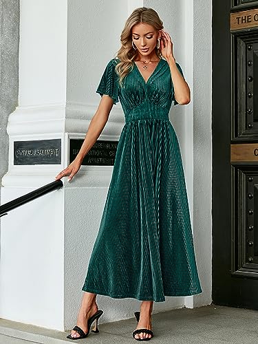 Image of Simplee Women's V Neck Velvet Maxi Dress Short Sleeve Empire Waist Long Formal Dress for Wedding Guest