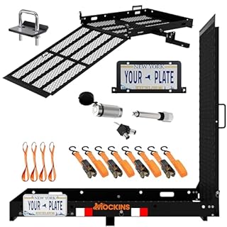 Mockins 48"x28.5"x4" Folding Trailer Hitch Cargo Carrier with Ramp for Wheelchair | 500 lbs Cap Heavy-Duty Mobility Scooter Carrier for Car 2" Hitch Receiver w/Plate Bracket, Stabilizer, & Straps