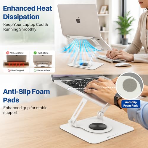 Image of BonKaso 360 Rotating Metal Laptop Stand, Height & Angle Adjustable, Foldable Design, Carbon Steel Build, Ventilated Cooling, Supports Up to 5kg, Compatible with Laptops & MacBook (Up to 17.3 inch) |White