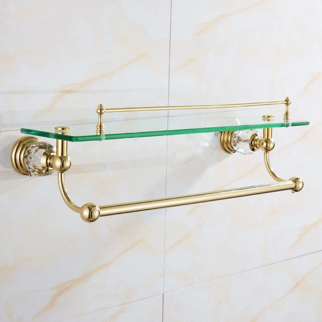 Mensola da bagno in vetro temperato trasparente con barra portasciugamani a 12 strati rettangolare da parete, può contenere 9,1 kg, dimensioni: 50 x 16 cm, elegante finitura trasparente e oro
