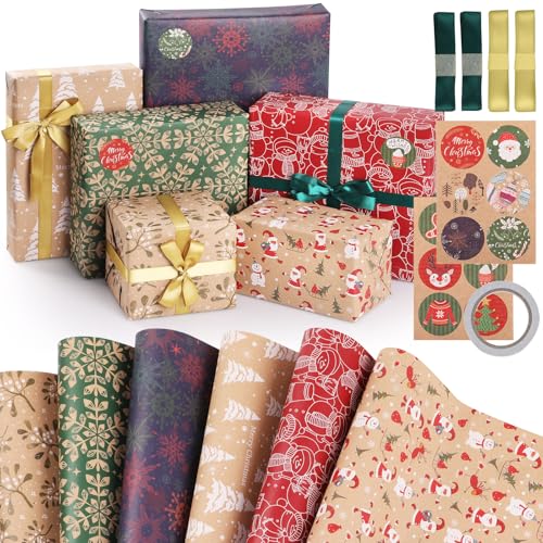 Hianjoo Papel de presente, 6 folhas de papel reciclável 70 x 50 cm embrulhar presentes papel craft com 2 folhas autocolantes de presente 1 fita de dupla face e 4 fitas decoração festa bricolagem