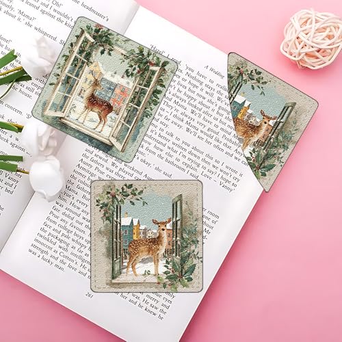 Image of 2Pcs Retro Deer Corner Bookmarks, Handmade PU Leather Page Corner Protectors, Vintage Winter Art Stationery Gift for Book Lovers, Kids, Teachers, Aesthetic Reading Accessories 3.54 inch