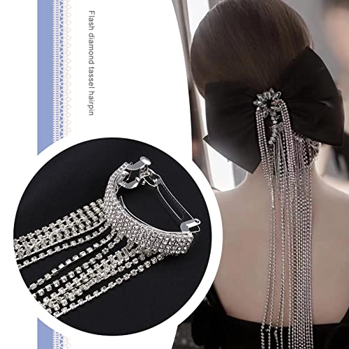 YINETTECH Long Chain Tassel Hair Clip Shiny Rhinestone Tassel Barrette Fashion Hairpin Headdress Ponytail Hair Accessories for Girls Women Silver 39cm - Image 4