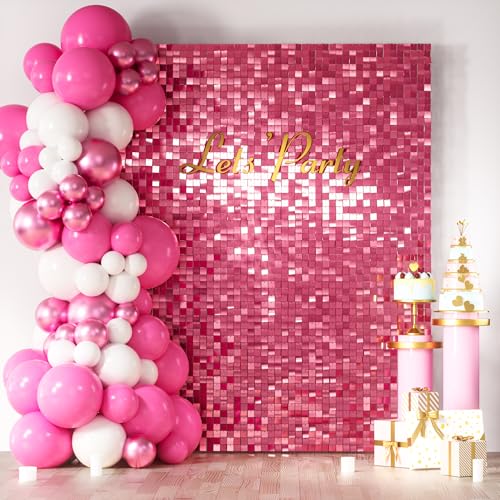 Image of COKAOBE Pink Shimmer Wall Backdrop, 24PCS Square Sequin Shimmer Backdrop Panel, Photo Backdrops for Birthday, Anniversary, Wedding, Graduation & Bachelorette Party Decoration