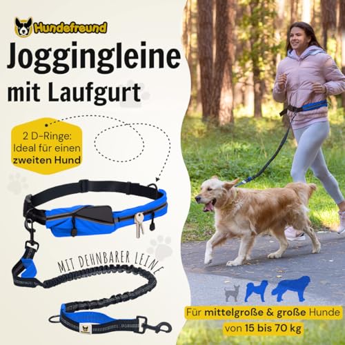 Hundefreund Joggingleine mit Bauchgurt Blau | Laufleine Elastisch Ruckdämpfend Reflektierend für mittelgroße und große Hunde bis 70 kg | Freie Hände zum Joggen Laufen Radfahren Wandern