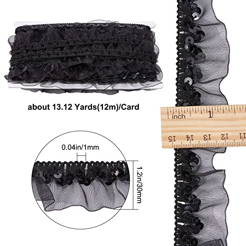 Gorgecraft 13Yds Black Pleated Ribbon Trim Satin Organza Lace Fabric Sequin Ribbon Elastic Floral 1-1/8" Chiffon Lace Edge Stretch Applique For Sewing Gift Package Wrapping Cloth Crafts Embellishments #TOP1