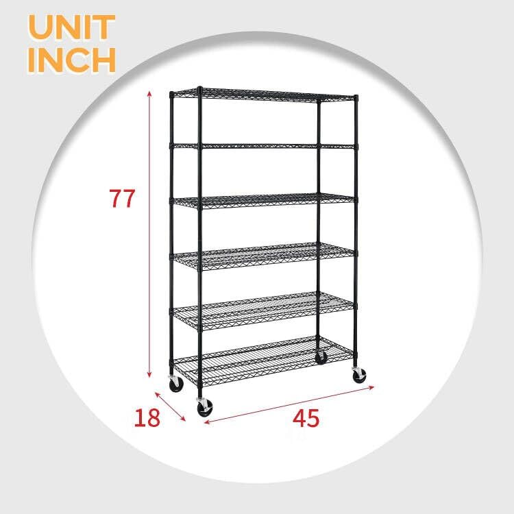 Image of BestOffice Storage Shelves 6 Tier Metal Shelves Adjustable Heavy Duty Garage Shelving Wire Shelving Unit Capacity 6000LBS with Wheels for Kitchen, Garage Pantry Closet Commercial,Black