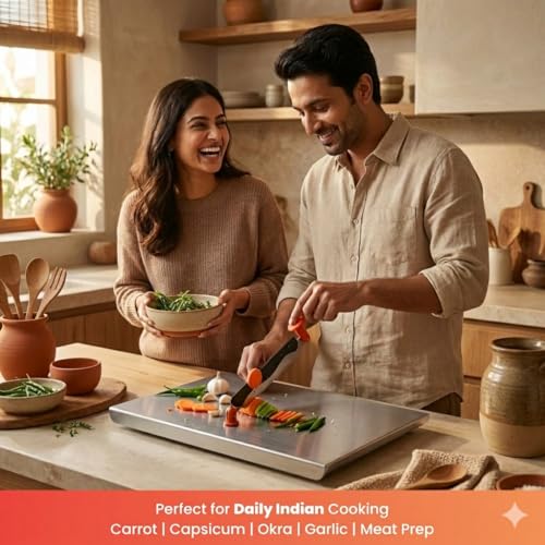 Image of Stainless Steel Chopping Board Large with Attached Knife, 36x31 cm Steel Cutting Board for Kitchen, Heavy Duty Cutter Board for Vegetable & Fruit Cutting