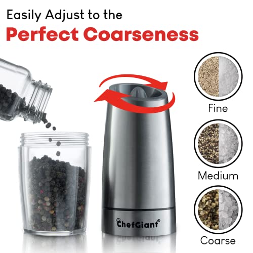 Chefgiant Electric Salt And Pepper Grinder Set | Automatic Gravity Activated Operation With Led Light | Adjustable Coarseness | Batteries Included | Bonus Spoon & Brush - Stainless Steel #TOP2