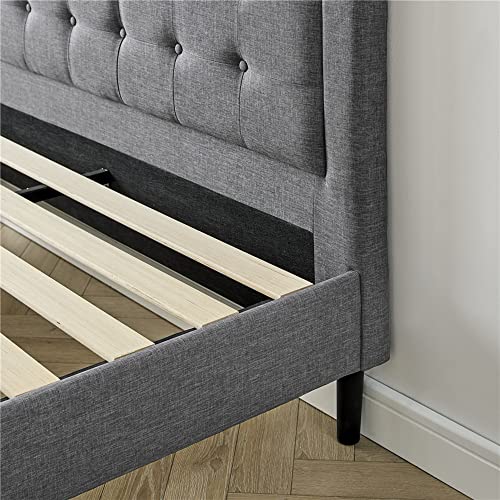 Image of Decoro Mornington 2.0 Upholstered Platform Bed | Headboard and Metal Frame with Wood Slat Support, Grey, Queen Size
