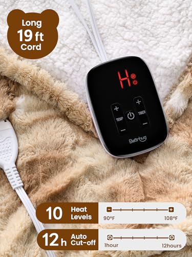 Image of Bearhug Electric Blanket Twin Size, 90F-108F Fast Heating Throw with 10 Heat Levels & 1-12H Auto Shut-Off, Machine Washable Soft Velvet and Sherpa Heated Blanket for Bed or Couch, Champagne
