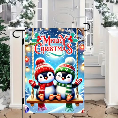 Image of BlissYard Christmas Penguin Garden Flag 12x18 Inch Polyester | Double sided polyester, Christmas penguin couple snowflakes design, winter home decor for holiday porch and yard