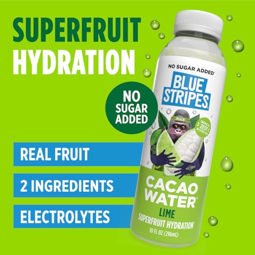 Image of Blue Stripes Lime Cacao Water - Hydration Drink with Natural Electrolytes & Antioxidants | Cold Pressed Cacao Juice, Lime Juice & Water | No Sugar Added, Plant Based, Non GMO | 10 Fl Oz (12 Pack)