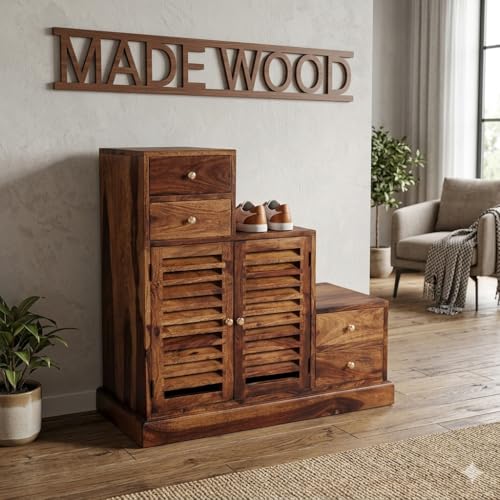 Image of MADE WOOD Solid Sheesham Wood Shoe Rack with 2 Doors & 4 Drawers|Wooden Shoe Storage Cabinet for Home Entryway|Multipurpose Footwear Stand for Slippers,Sandals & Chappal|Provincial Teak Finish|
