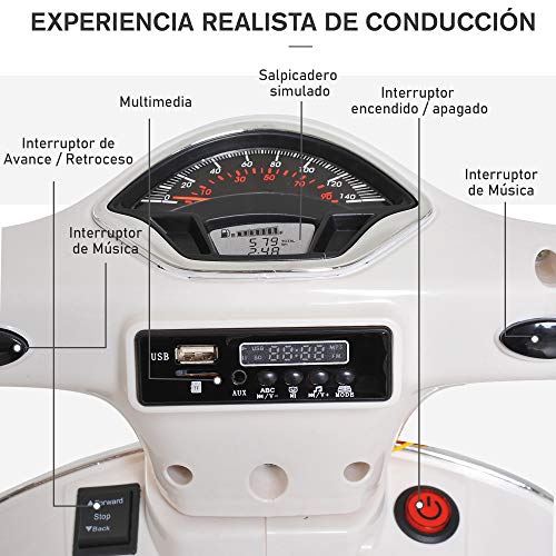 Miniatura 4 de Homcom Moto Eléctrica Para Niños De 3-6 Años Con Licencia Vespa Moto De Batería Para Niños Con Música Velocidad 2-3 Km H Y Bocina Carga 25 Kg Blanco