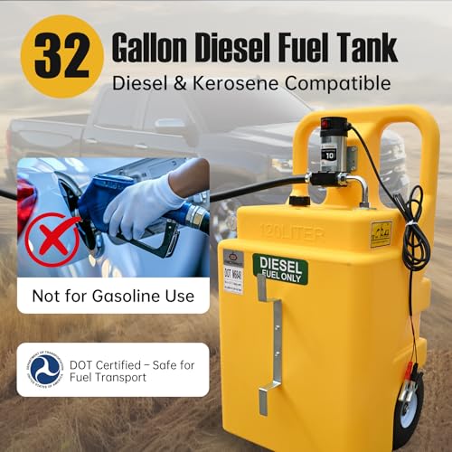 Image of FMCNMech 32 Gallon Diesel Transfer Tank with 12V Electric Pump, 10 GPM Flow, Portable Diesel Fuel Caddy with Auto Shut-off Nozzle & Wheels, Heavy-Duty Diesel Tank for Trucks, Tractors and Construction Equipment