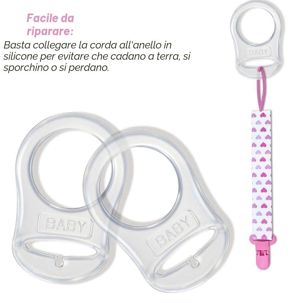 Adattatore per Ciuccio in Silicone Trasparente, 2 Pezzi Anello con Clip Supporto Porta Ciuccio