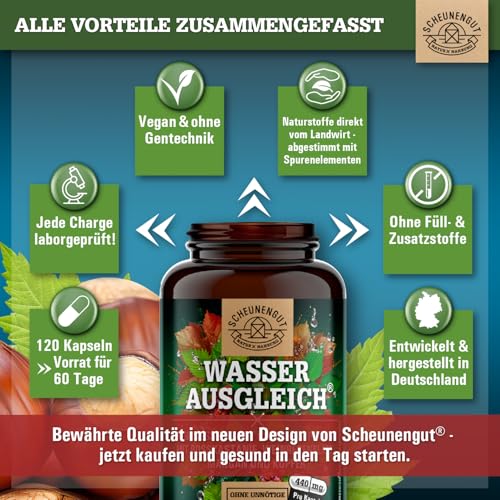 WASSERAUSGLEICH® Aqua Balance Kapseln -WICHTIG: Laborgeprüfte Wasser Balance Kapseln mit Brennessel-, Rosskastanienextrakt, Roter Weinlaub, Mangan +Kupfer 120Stk DE SCHEUNENGUT®