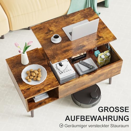 DUMOS Couchtisch Höhenverstellbar, Qualität Wohnzimmertisch, Multifunktionales Coffee Table Ausziehbar, Couchtisch mit Stauraum, Geeignet für Wohnzimmer, Schlafzimmer, Büro (Braun) – Bild 4