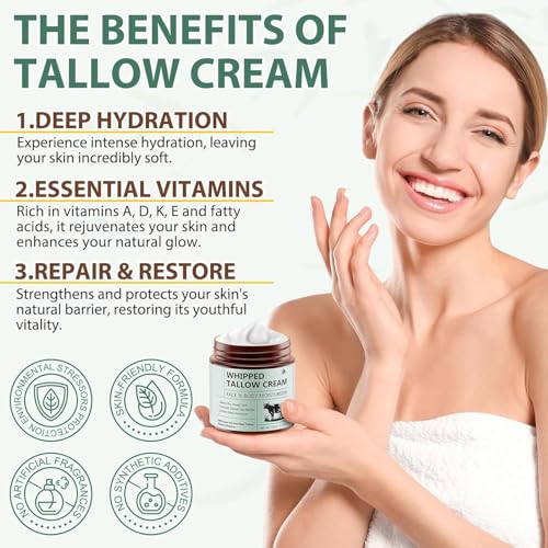 Grospe Whipped Tallow Cream,100% Grass-Fed Pure Beef Tallow Honey & Beewax, Premium Tallow Honey Skin Balm 4.2 Oz - All-Natural Moisturizer for Face & Body