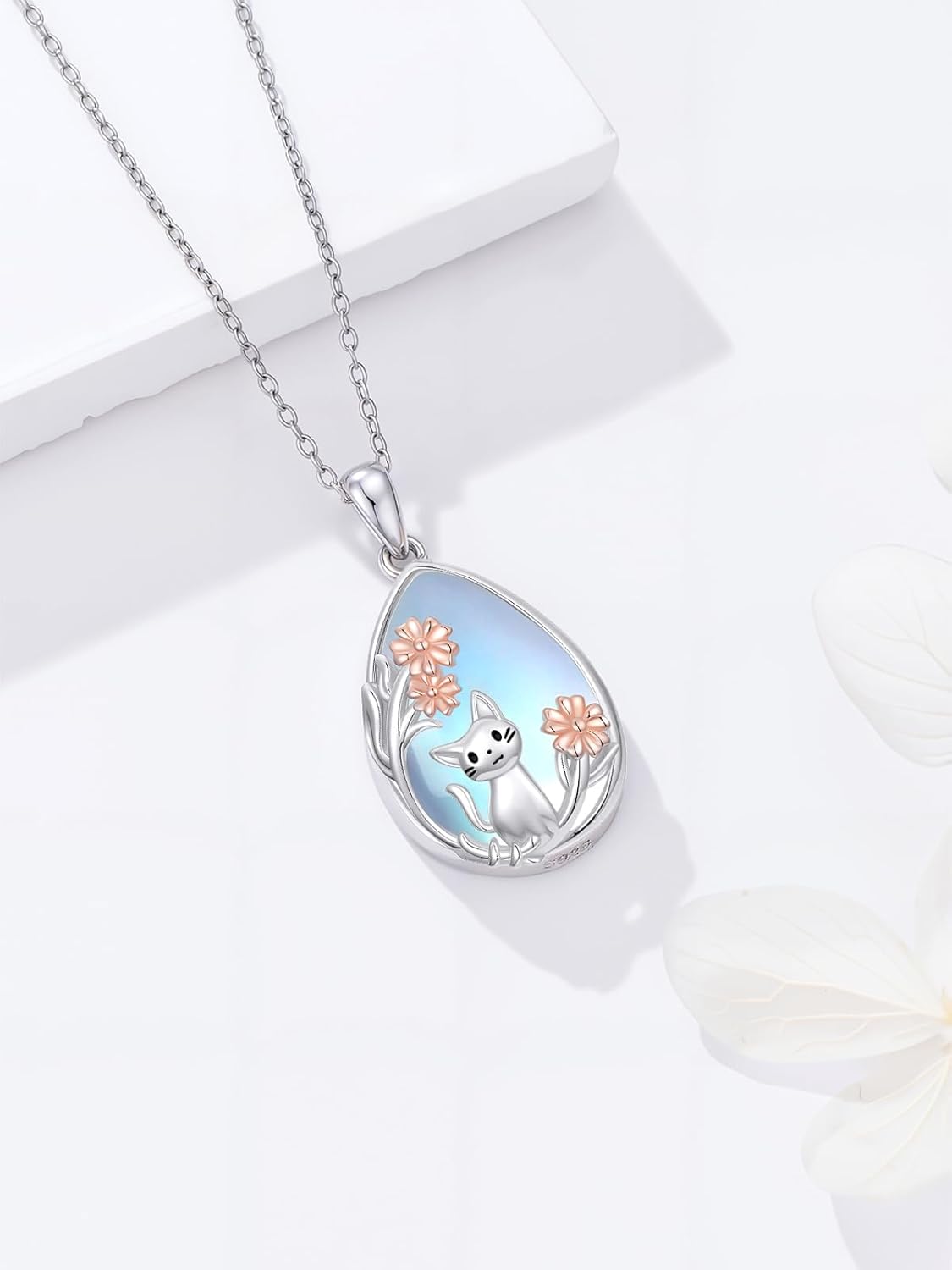 Animal Moonstone Necklace 925 Sterling Silver Fox/Cat/Butterfly/Dragonfly Pendant Necklace Animal Lovers Gifts - Image 2