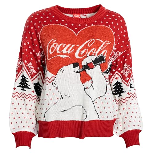 Classic Ugly Christmas Sweater for Womens - Coca Cola Heart Polar Bear Drinking Graphic Knitted Pullover Sweater Multicolor
