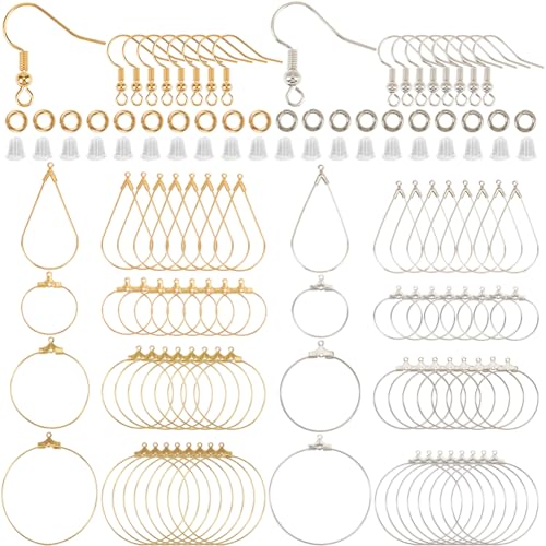 SOFPLATE 520pcs Hoop Earrings Findings Beading Hoop Earring Supplies Brass Golden Silver Waterdrop Round Shaped Ear Kits with Open Jump Rings for Women jewellery Making Components Crafting Findings
