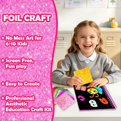 Image of FUNNYB&G Foil Art Craft Kit for Girls 4-10 Years Old: Mess-Free & No-Glue, Create 16 Back to School Pictures - Perfect Travel Toy & Birthday Gift for Kids (Back to School)