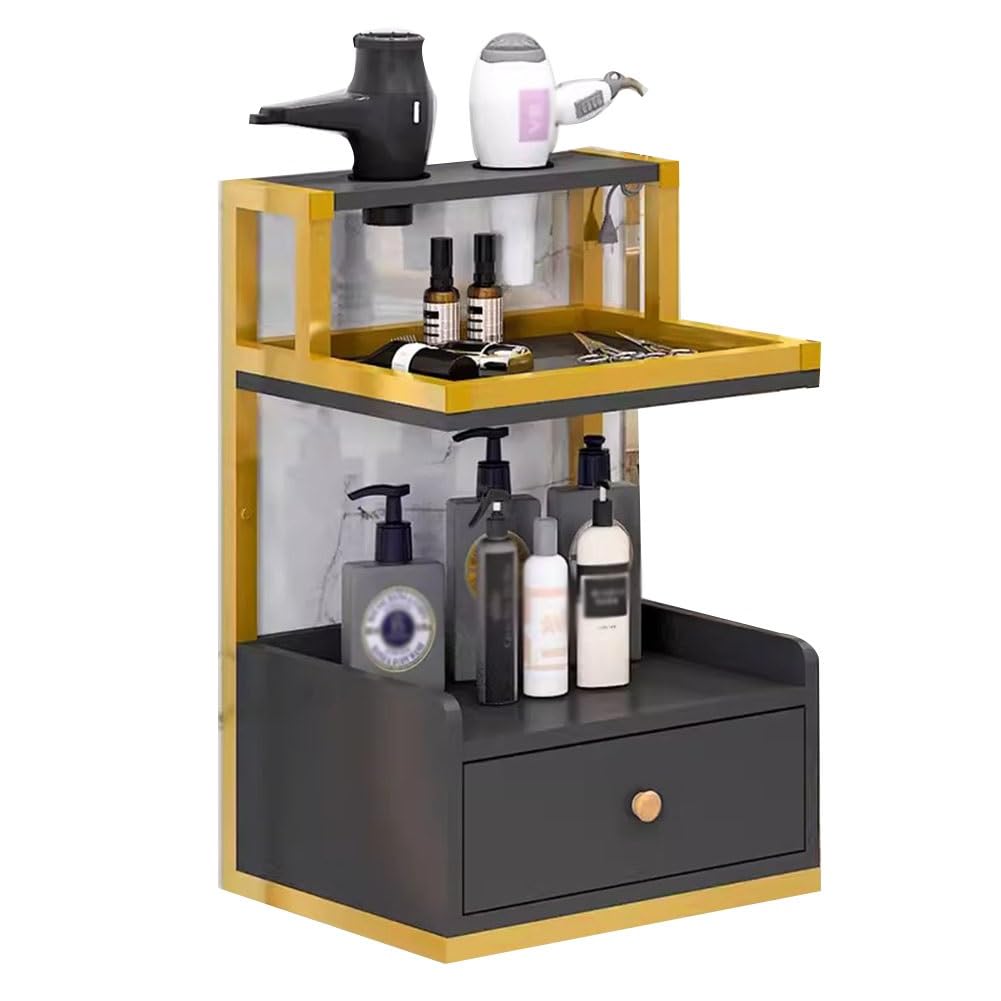 Chariot de salon mural noir avec 2 supports pour sèche-cheveux, équipement de salon professionnel, design peu encombrant, 40 x 30 x 60 cm