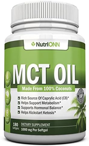 NutriONN MCT Oil - 3000mg Per Serving - 180 Softgels - Made from 100% Organic Coconuts - Non GMO, Cold Pressed, Paleo Friendly Capsules - Great for Boosting Focus & Energy