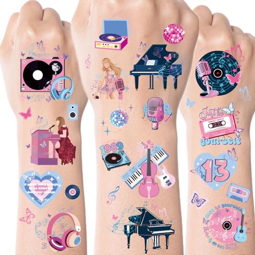 Music Party Temporary Tattoos for Fans - 8 Sheets 200+ Pcs Music Birthday Party Favors Decorations Concert Tour Merch Gifts Female Pop Singer Tattoo Stickers for Concert Decor Supplies