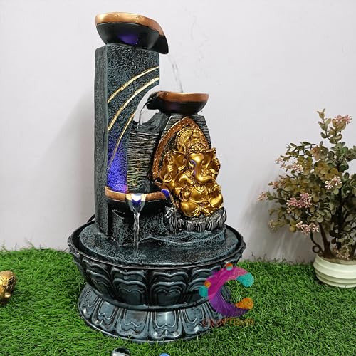 Image of Decorative Water Fountain for Home Decor, Office, Indoor & Outdoor, Garden, Puja Room, Vaastu, Reception, Spa, Gifting. (3 Step Diya Ganesh (Golden))