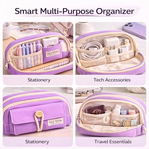 Image of Kawaii Cute Aesthetic Pencil Case for Girls & Boys | 3 Layer 6 Compartment Large Capacity Pencil Pouch with Zipper | Cartoon Stationery Organizer Bag for Students & Kids (Purple)