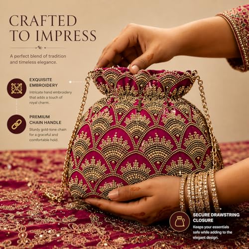 Image of Women's Embellished Zari & Pearl Velvet Potli Bag - Elegant Traditional Handcrafted Clutch for Weddings & Festive Occasions