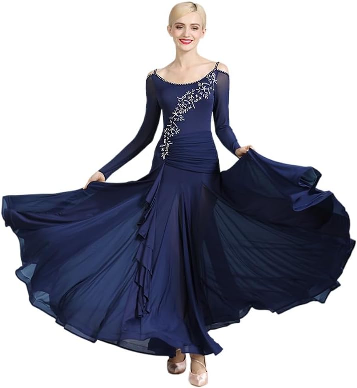 HEARTTOUCH Women Long Ballroom Dance Dress Sing Modern Waltz Tango Dresses Ball Gown for Competitive & Social Dancing