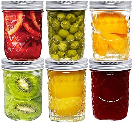 Mason Jar, LONTOM 8.8Oz Mason Jars Glass Wide Mouth Canning Jars with Airtight Lids,Quilted Crystal Jelly Jars for Jams, Food Storage, Prep, Pickles,Preserves, Overnight Oats, Spices, Drinking, 6pcs